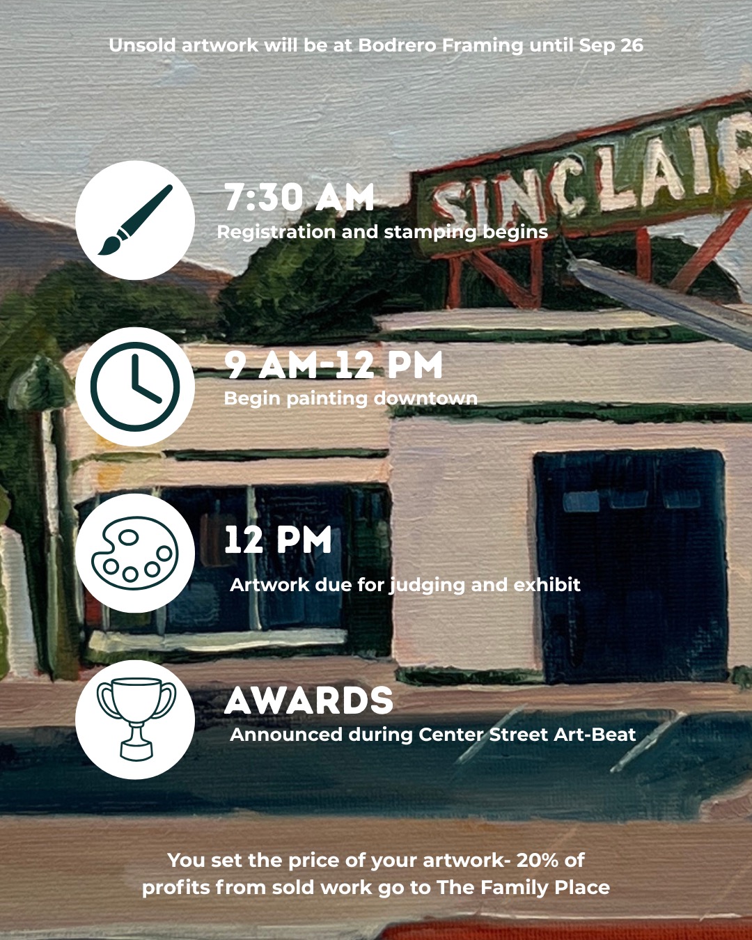 Quick Draw schedule: 7:30 AM registration, 9 AM–12 PM painting, 12 PM judging, awards at Center Street Art-Beat